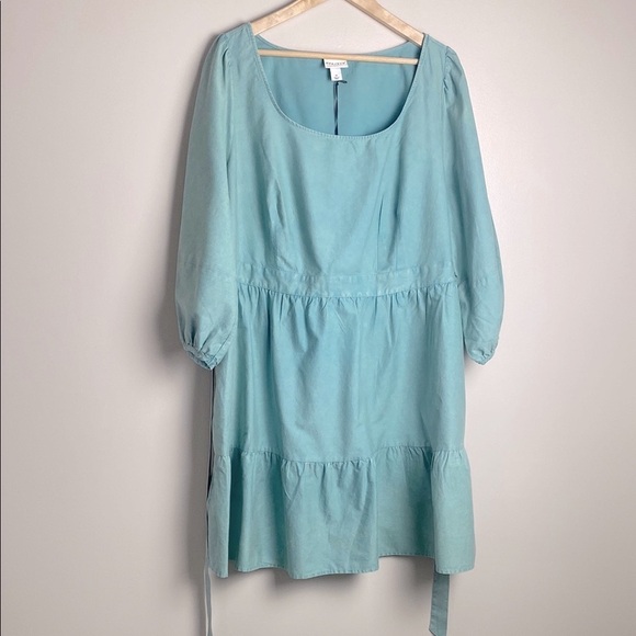 Ava & Viv Tiered Dress Tie Back Balloon Sleeve A Line Acid Wash Green Size 1X - Picture 2 of 14